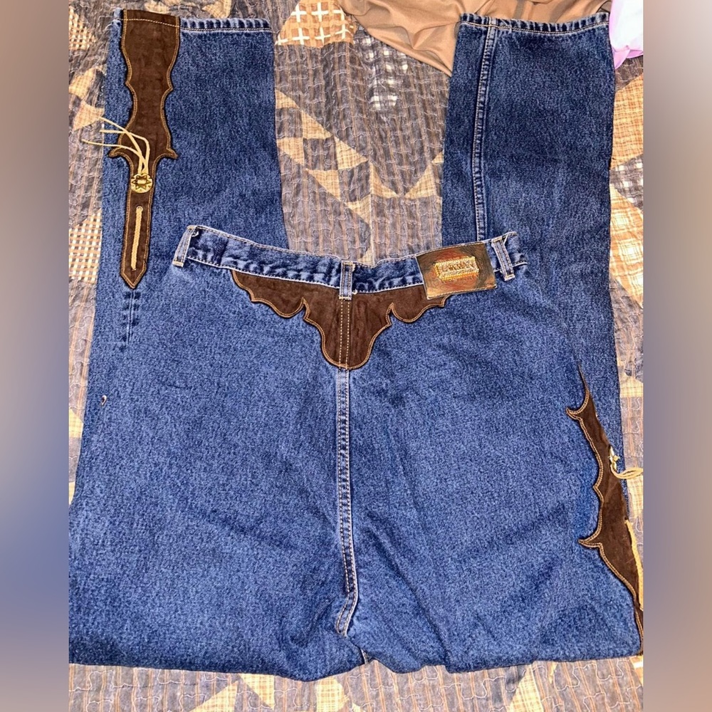 lawman medium wash vintage bareback jeans with brown suede detailing 13/14